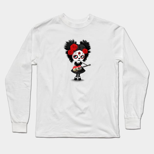 Sugar Skull Girl Playing Iraqi Flag Guitar Long Sleeve T-Shirt by jeffbartels